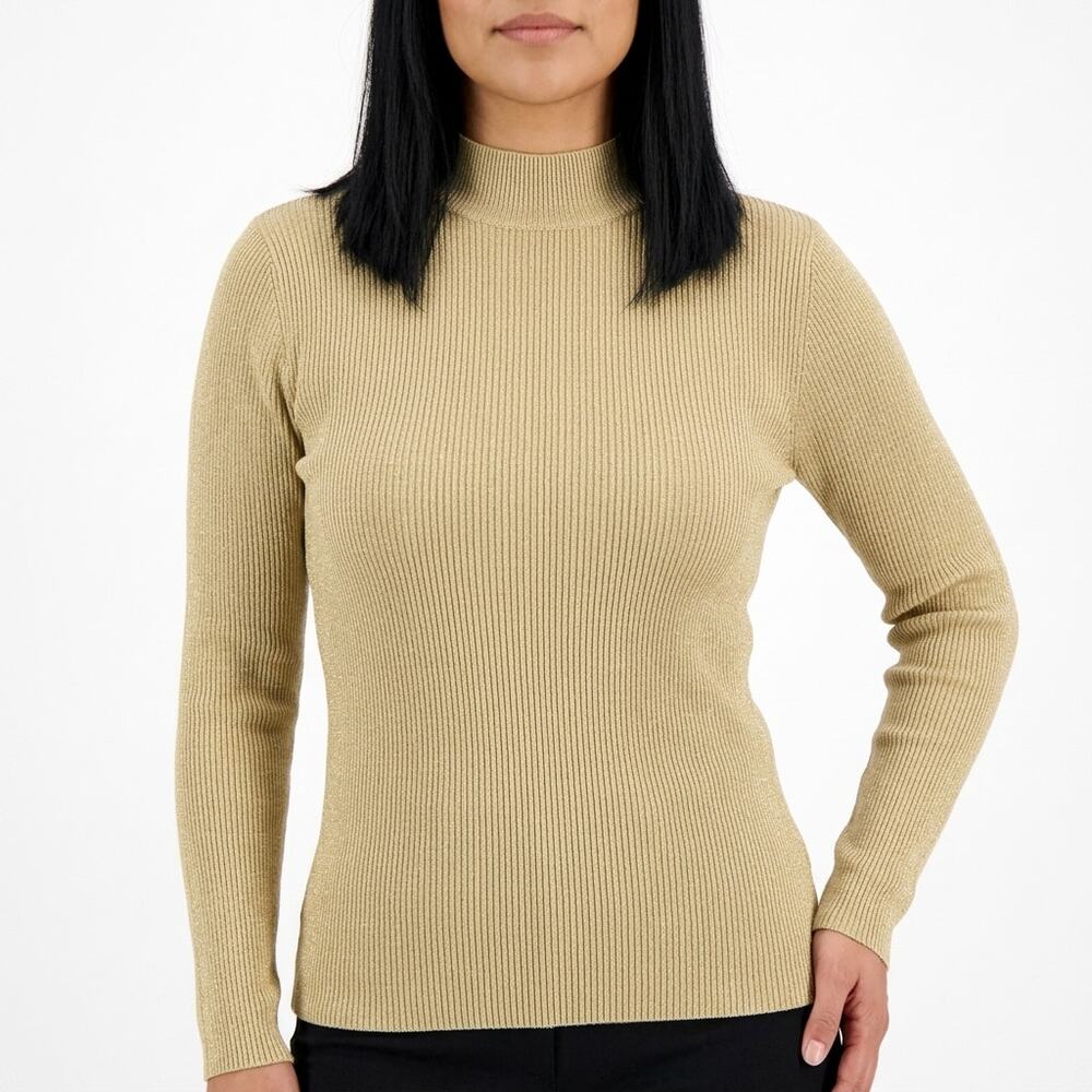 August Silk Blend Gold Ribbed Turtleneck Sweater Women Size L